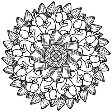 Thanksgiving mandala with turkey and flower, meditative coloring page