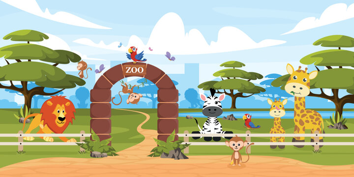 Vector illustration of innovative zoo. Cartoon urban buildings with animals behind the fence, trees, pond, lions, monkeys, zebras, giraffes, parrots and city in the background.