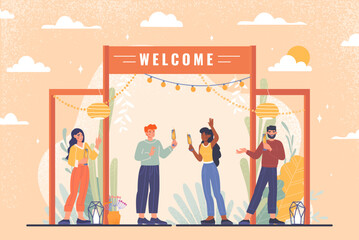 Open air event. Men and women with cocktails invited to party and disco. Design for invitation and greeting postcard. Young people celebrate holiday and festival. Cartoon flat vector illustration