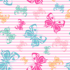 Flying butterfly silhouettes over striped background vector seamless pattern.