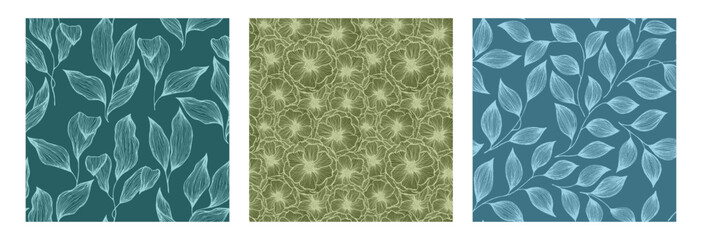 Tree branch leaves and flowers sketch doodle hand drawn vector seamless pattern collection.