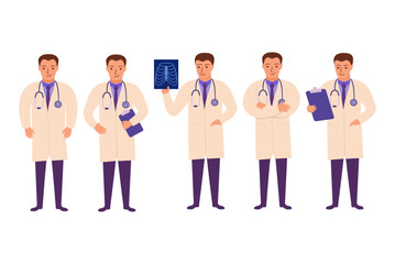 Obraz premium Medical doctor looking at x-ray picture.Radiologist looking at human xray.Man doctor with health scan.Medical worker analyzes results of medical checkup.Vector flat illustration.