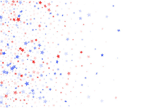 Flying red blue white star sparkles on white vector american patriotic background.