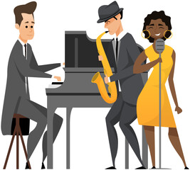 Diverse jazz band with black skin cartoon female singer. Group of musicians playing by musical instrument performing on stage. Play on saxophone, piano. Hobbies and profession, stage artists, concert