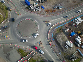 Aerial view of a temporary roundabout made from traffic cones in major roadworks