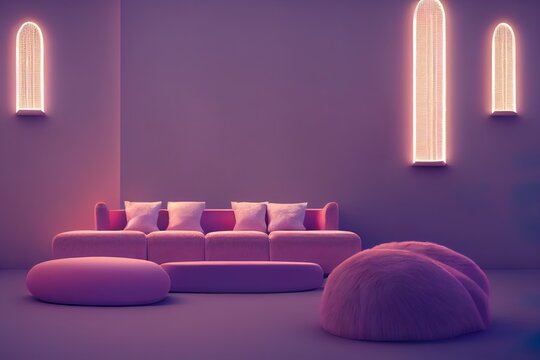 Pink and lilac comfortable den full of plush pillows. 3d render.