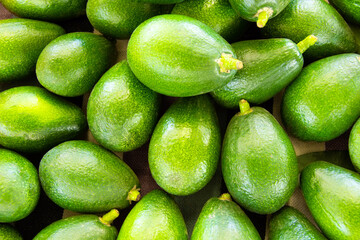 Shiny glossy ripe avocados laid out on a market stall. Vegetable texture.