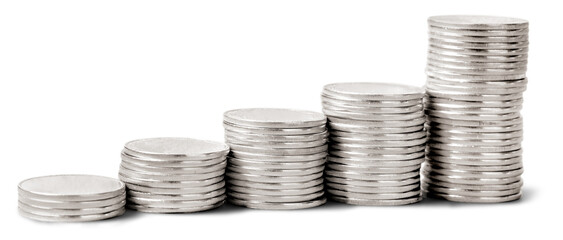 Progressively taller stacks of silver coins - isolated image