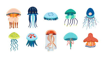 Set colorful jellyfish icons. Pretty jellyfish different silhouette on white background. For festive card, logo, children, pattern, tattoo, decorative, creative concept. Cartoon vector illustration