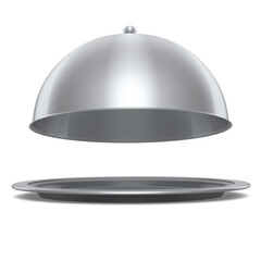 Silver tray with cloche ready to serve isolated on white background
