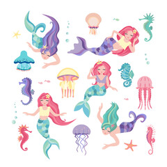 Set of mermaid, jellyfish and seahorses. Cute little girls mermaid with different shapes of tail. Template for design greeting cards, notebook, kids poster. Cartoon vector illustration.