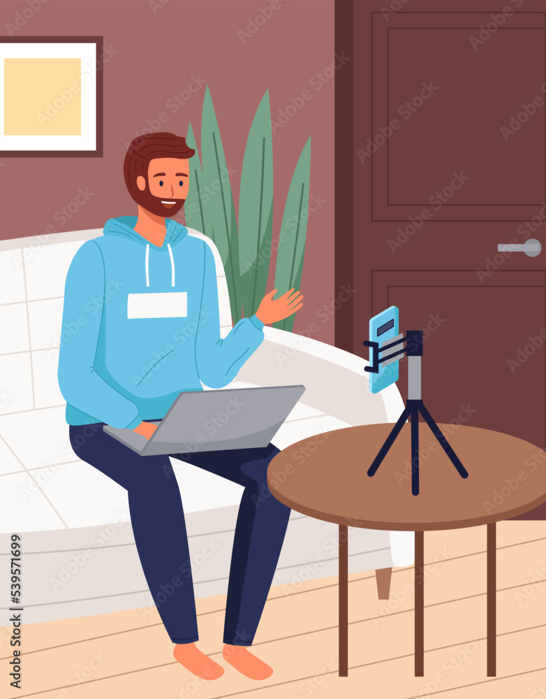 Aufkleber podcaster listening and recording audio podcast for blog talking on video call with laptop computer.
