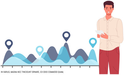 Analytics information and development statistics. Web analysis measure, product testing technology. Man analyses dashboard seo optimization, digital report. Statistical indicators and data on diagram