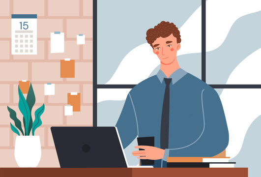 Cofee Shop Concept. Man With Laptop Sits At Table With Hot Drink In Hand. Cafe Or Restaurant. Coworking, Freelancer And Remote Worker. Poster Or Banner For Website. Cartoon Flat Vector Illustration