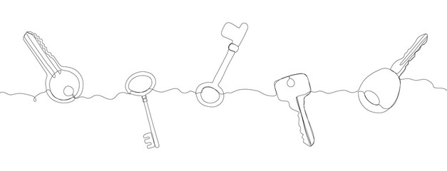 Single old key drawing in style of one continuous line black color. Border