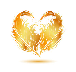 Heart shape made by golden bird feather silhouette. Ornate vector illustration for emblem, icon, greeting card, love concept,  beauty, fashion decoration. Design element on white background