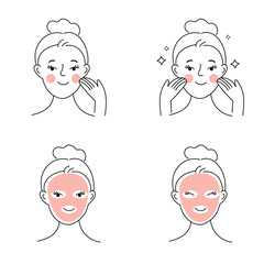 Beauty Girl Take Care of her Face and Use Cleansing Products for Skin. Skincare Procedures. Facial Cleaning, Moisturizing and Make Up Removing Concept.Set of linear and flat vector illustration. 