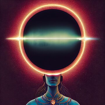 3d illustration of Shiva God wearing futuristic headphones and a black hole growing from her eyes