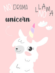 Vector. Hand drawn unicorn llama. Hand-drawn lettering unicorn. Cute design for t-shirt, poster, wall sticker.	