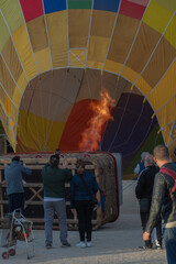 Obraz premium hot air balloon. Hot-air balloon burners in operation by heating the air with fire
