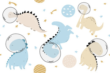 Vector. Hand-drawn dino. Dino in space. Space, stars and planets. Seamless pattern. Children's wallpaper in the Scandinavian style.