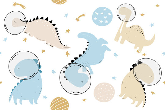 Fototapeta Vector. Hand-drawn dino. Dino in space. Space, stars and planets. Seamless pattern. Children's wallpaper in the Scandinavian style.