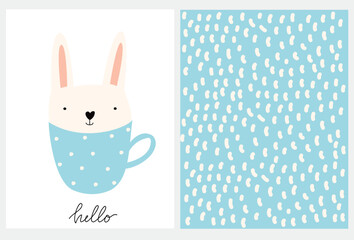 Vector hand-drawn bunny in a cup. Hare coffee or tea. Abstract seamless background in pastel colors. Background for the children's room. Children's wallpaper or poster on the wall.