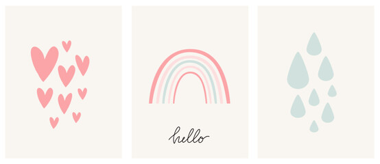 Modern hand drawn rainbow posters set. Doodle style. With drops, clouds and hearts. For children's wall decor, wallpaper.	