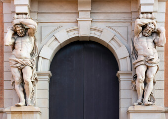 Bologna, Italy: Statues of the Atlases holding an balcony, Atlante of Davia Bargellini Museum