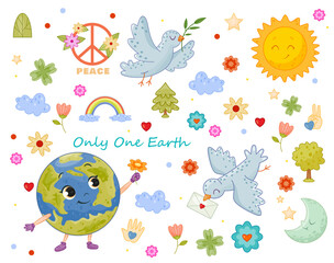Earth day celebration. Set of stickers with planet, smiling sun, dove, symbol of peace, rainbow, flowers and leaves. Baby design elements. Cartoon flat vector collection isolated on white background