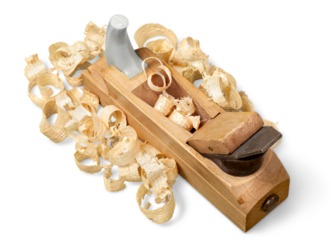Old wooden plane and chips on a white background.