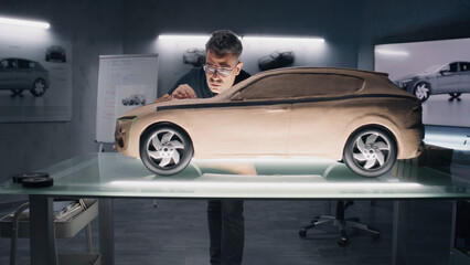 Two male automotive designers working on model of eco friendly electric car in modern car design studio. One working in 3D modeling computer software, other sculpting with plasticine clay and rake.