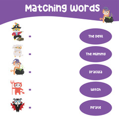 Halloween Matching Words worksheet for children. Fun activity for kids. Educational printable sheet for children. Vector illustration.
