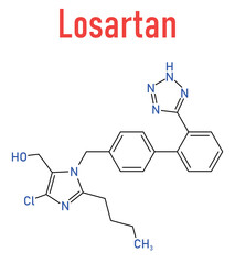 Losartan hypertension drug molecule. Skeletal formula.