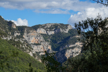 magnificent view of Pyrenees mountains with rock outcrops and forest covered slopes
