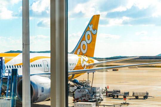 Look out of the airport window at airfield in Greece.
