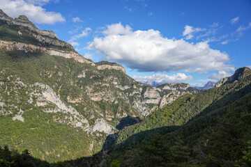 Fototapeta na wymiar magnificent view of Pyrenees mountains with rock outcrops and forest covered slopes