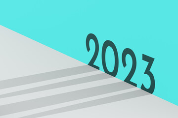 Shadow of numbers 2023 on teal background. Minimal geometric style. Invitation flyer, greeting postcard. 3d illustration.
