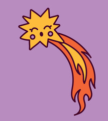 Trippy retro symbol. Groovy vintage sticker with bright smiling star or flying comet with fire. Design element for psychedelic pattern. Cartoon flat vector illustration isolated on purple background