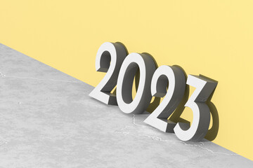 Concrete numbers 2023 leaning against yellow wall. New year greeting card, 3d render. Minimal geometric scene with copy space.