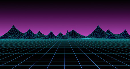 Retro cyberscape of the 80's. 3D futuristic illustration with mountains in retro style. Retro Futuristic Album Cover.