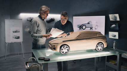 Two male automotive designers working on eco friendly model of electric car in modern car design...