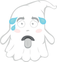 Vector illustration of an exhausted cartoon ghost, with tongue out and sweat drops on his head