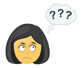 Vector emoji illustration of a yellow cartoon woman with a thinking expression or doubt with a thought cloud with question marks