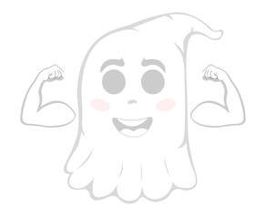 Vector illustration of a cartoon ghost with a happy expression and showing the biceps of the arms
