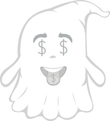 Vector illustration of a cartoon ghost with the dollar sign in the eyes and tongue out