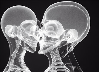 X-ray of a couple in love, kissing and embracing each other with love. Romantic x-rays. Illustration 3d.