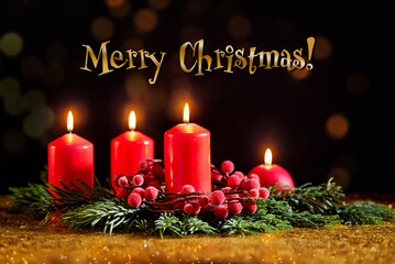 Merry Christmas. Four red burning candles and fir branches