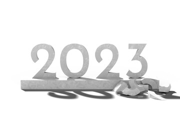 Numbers 2023 made of stone on podium and broken digit two. Concept new year. 3d illustration.