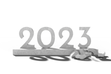 Numbers 2023 made of stone on podium and broken digit two. Concept new year. 3d illustration.